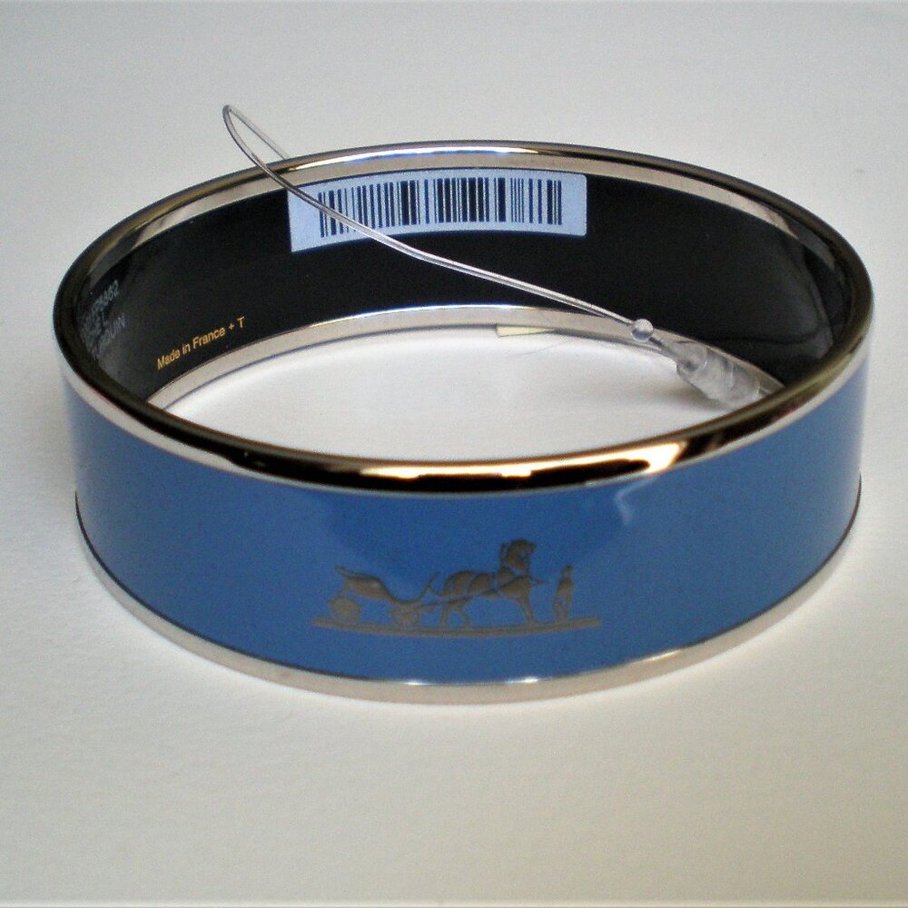 NWT Hermes Caleche Blue Enamel Palladium Plated Wide Bangle Bracelet Size 62